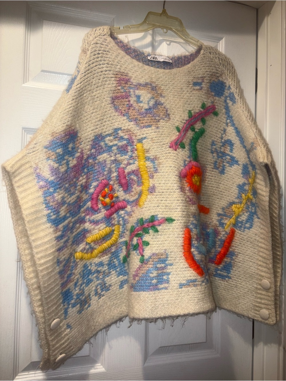 Zara Cream Bouclé Poncho with Multicolor Hand Embroidery